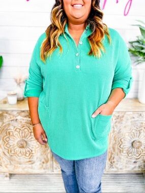 Plus-Size Seafoam Waffle Henley Tunic Sweatshirt